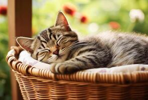 . Cute tabby kitten sleeping in a basket photo