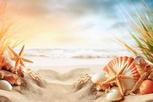 . Shells and starfish on sandy beach photo