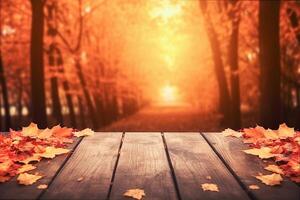 . Background of autumn forest and old wooden deck table photo