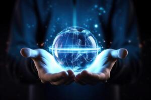 . Hands holding hologram sphere. photo