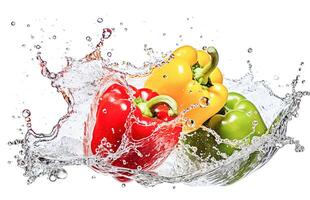 . Bell peppers splashing in the water photo