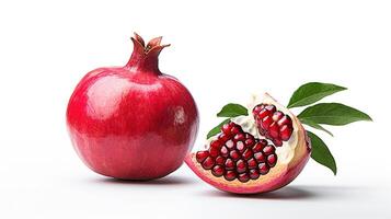 . Fresh ripe pomegranate with green leaves photo