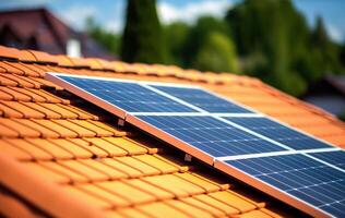 . Solar panels installed and in use on roof of home photo