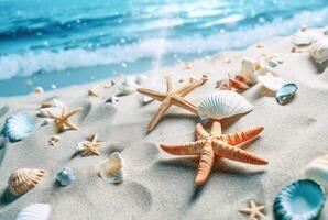 . Shells and starfish on sandy beach photo