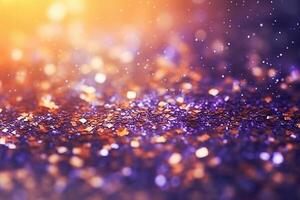 . Gold and purple glitter lights, defocused background photo