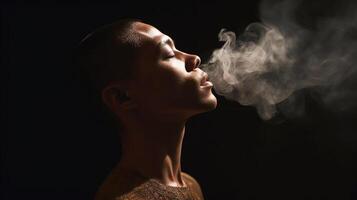 Dark-skinned man inhaling air, smoke, portrait in profile. black studio background. Generative AI photo