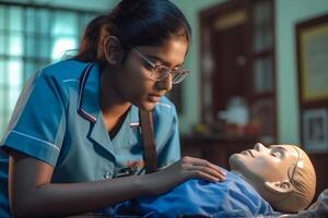 Tamil Nadu nursing student practices CPR on a mannequin. photo