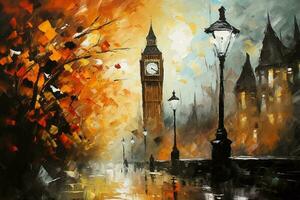 Autumn rainy London, Big Ben painted in watercolor on textured paper. Digital watercolor painting photo