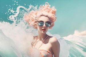 Young fashionable girl surrounded by waves in the sea, art. photo