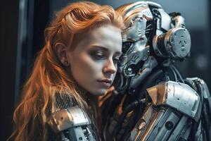 A young attractive girl in an embrace with a robot. photo