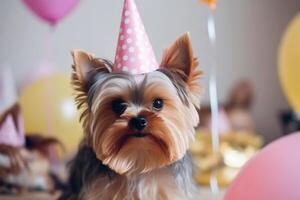 Yorkshire perro con fiesta gorra. el perros cumpleaños. generativo ai foto