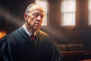 un mayor juez entrega abajo un inventados veredicto en el sala de justicia. generativo ai foto