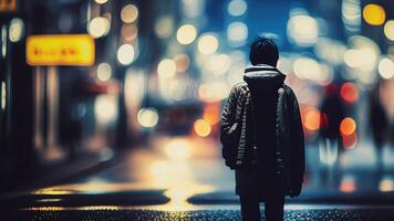 caminando hombre. noche ciudad generativo ai foto