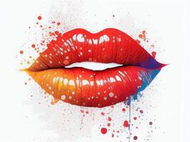 Red female lips watercolor sketch on white isolated background. photo