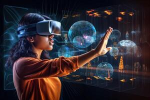 Young Woman Using Advanced Technology as a VR Headset for Intelligent Automation and Smart Manufacturing, Emerging Technologies for the Future of Industry and Business, . photo