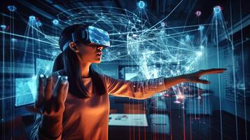 Young Woman Using Advanced Technology as a VR Headset for Intelligent Automation and Smart Manufacturing, Emerging Technologies for the Future of Industry and Business, . photo