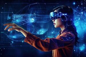 Young Woman Using Advanced Technology as a VR Headset for Intelligent Automation and Smart Manufacturing, Emerging Technologies for the Future of Industry and Business, . photo