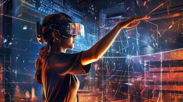 Young Woman Using Advanced Technology as a VR Headset for Intelligent Automation and Smart Manufacturing, Emerging Technologies for the Future of Industry and Business, . photo