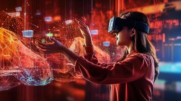 Young Woman Using Advanced Technology as a VR Headset for Intelligent Automation and Smart Manufacturing, Emerging Technologies for the Future of Industry and Business, . photo