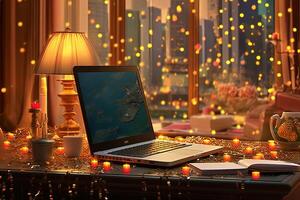 Stunning Photography of Laptop with Open Book, Table Lamp on Desk Full of Illuminated Candles, Defocused Interior. Technology. photo