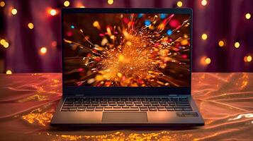 Stunning Photo of Laptop or Notebook Computer with Confetti Explosion on the Screen Over Crumpled Fabric, Celebration Background. Technology.