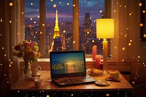 Stunning Photography of Laptop Near Table Lamp, Roses Vase on Desk and Lights Effect Interior Background. Technology. photo