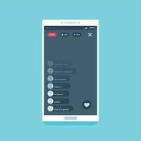 Live video stream on phone. Online videos stories streaming on smartphone screen, chat comments living streams UI vector illustration