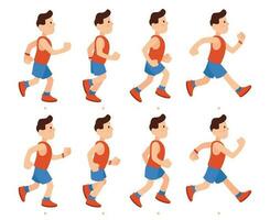 Flat running man. Athletic boy run animation frames sequence. Runner male in tracksuit, legs animations cartoon vector illustration