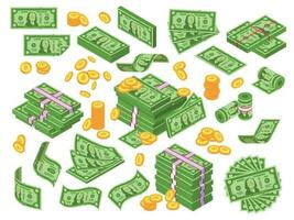 Cartoon money. Dollar bills banknotes stack, pile of dollars and banknote heap. Cash piles vector illustration set