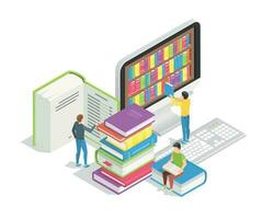 Book reading concept. Small people with huge books. Education online training courses distance learning tutorials and online library vector background