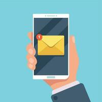 Email notification on smartphone in hand. New mail message in inbox, mailing letters or reading sms on mobile phone vector illustration