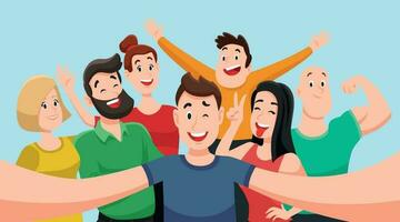 People group selfie. Friendly guy makes group photo with smiling friends on smartphone camera in hands vector cartoon illustration