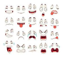 Cartoon faces. Happy excited smile laughing unhappy sad cry and scared face expressions. Expressive caricatures vector set