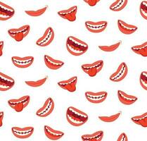 Cartoon smiling lips seamless pattern. Laughing mouth with tongue. Funny joyful vector texture