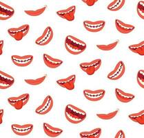 Cartoon smiling lips seamless pattern. Laughing mouth with tongue. Funny joyful vector texture