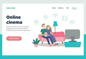 Couple watching movie. Young man and woman watch movies at home. Online cinema service business landing page vector concept