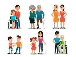 Caring disabled person. Handicapped people with group of friends. Friendly help and care to disability man or woman cartoon vector set