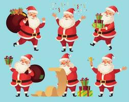 Christmas Santa cartoon character. Funny Santa Claus with Xmas presents, winter holiday characters vector illustration set