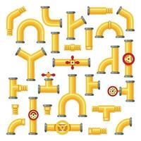 Gas pipeline. Industrial yellow pipes, pipe construction with valves and pipelines isolated elements vector set