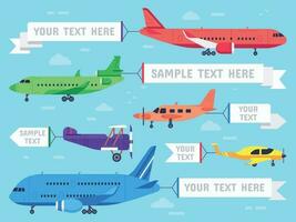 Airplane with banner. Flying ad aeroplane, aviation aircraft banners and airline plane ads vector illustration