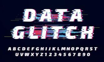 Glitch font. Digital glitched alphabet, game screen letters and broken old display lettering vector set