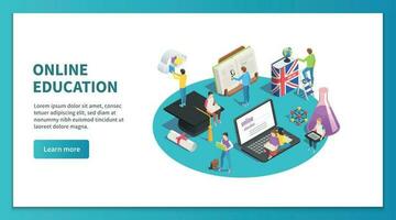 Online education isometric concept. Internet studying and web course. Learning students website landing page vector design