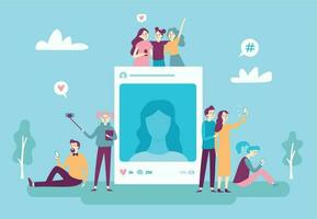 Social network photo post. Youngsters people posting selfie phot vector