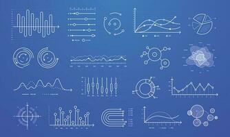 Linear graph chart. Thin line charts, modern statistics graphs and circular bar progress presentation diagram isolated vector set