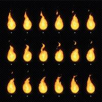 Fire animation. Flaming flame, fiery blaze and animated blazing fire flames isolated vector animations frames