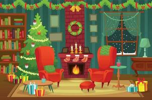 decorado Navidad habitación. invierno fiesta interior decoraciones, Sillón cerca hogar y Navidad árbol vector antecedentes ilustración