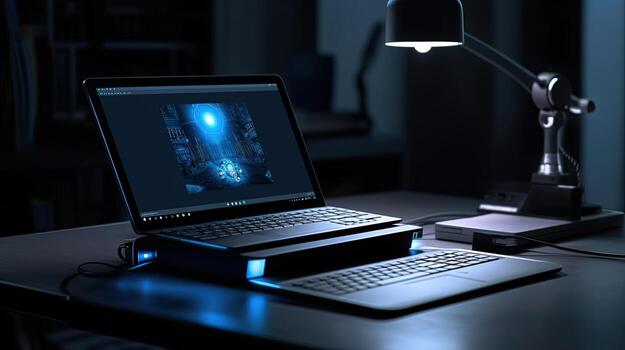 Notebook Computer or Laptop with Illuminated Screen, Glowing Abstract Style on Workplace. Created By Technology. photo
