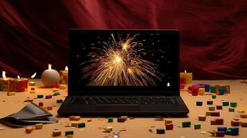 Stunning Photo of Exploding Fireworks in Laptop Screen, Illuminated Candles and Tiny Geometric Elements. Festival Celebration Background. Technology.