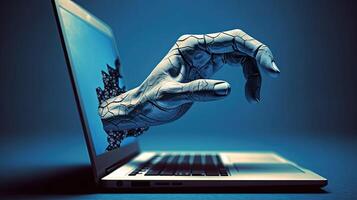 Advance Futuristic Technology Concept with Abstract Style Human Hand Coming Out from Laptop Screen, Blue Background. . photo