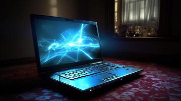 Notebook Computer or Laptop with Illuminated Screen of Abstract Style. Created By Technology. photo